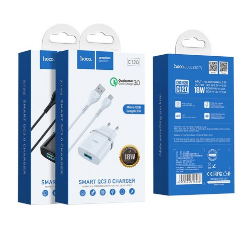 МЗП Hoco C12Q Smart QC3.0 3A (1USB-A) + кабель USB to MicroUSB Чорний