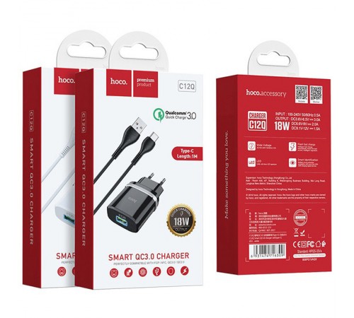 МЗП Hoco C12Q Smart QC3.0 3A (1USB-A) + кабель USB to Type-C Чорний