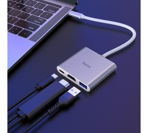 Перехідник HUB Hoco HB14 Type-C to USB3.0+HDMI+PD Сталевий