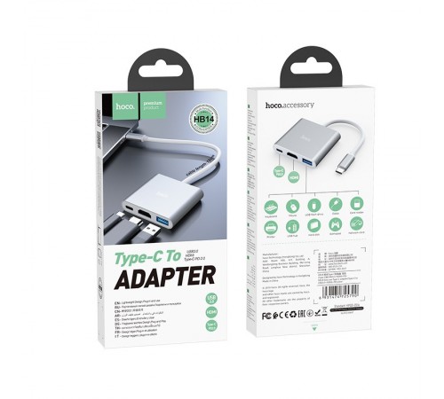 Перехідник HUB Hoco HB14 Type-C to USB3.0+HDMI+PD Сталевий