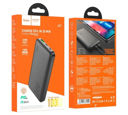 Портативний ЗП Power Bank Hoco J87 Tacker PD20W+QC3.0 10000 mAh Чорний Портативний ЗП Power Bank Hoco J87 Tacker PD20W+QC3.0 10000 mAh Чорний