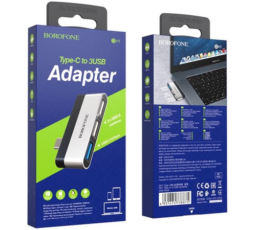 Перехідник HUB Borofone DH1 Type-C to USB 3.0 + 2xUSB 2.0 Чорний / Срібний