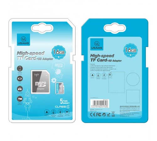 Карта пам'яті USAMS US-ZB117 TF High Speed Card 16 Gb + adapter Blue Карта пам'яті USAMS US-ZB117 TF High Speed Card 16 Gb + adapter Blue