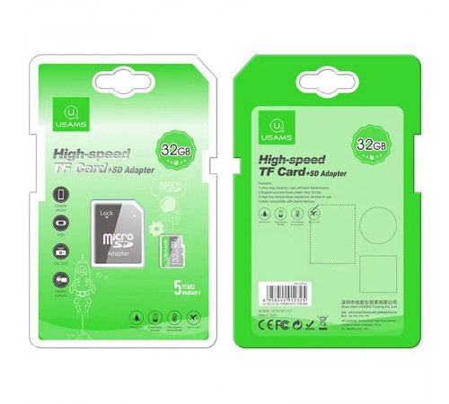 Карта пам'яті USAMS US-ZB118 TF High Speed Card 32 Gb + adapter Green Карта пам'яті USAMS US-ZB118 TF High Speed Card 32 Gb + adapter Green