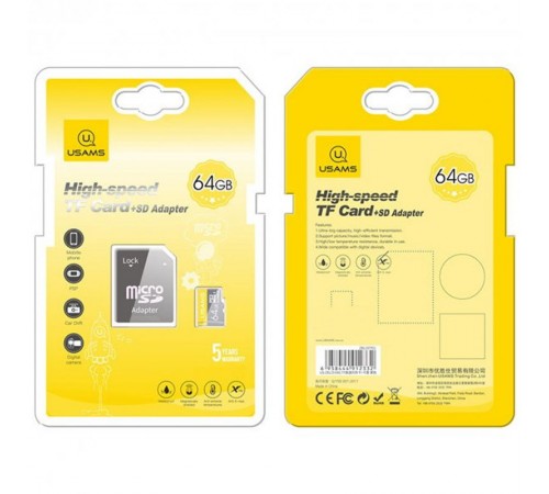 Карта пам'яті USAMS US-ZB119 TF High Speed Card 64 Gb + adapter Yellow Карта пам'яті USAMS US-ZB119 TF High Speed Card 64 Gb + adapter Yellow