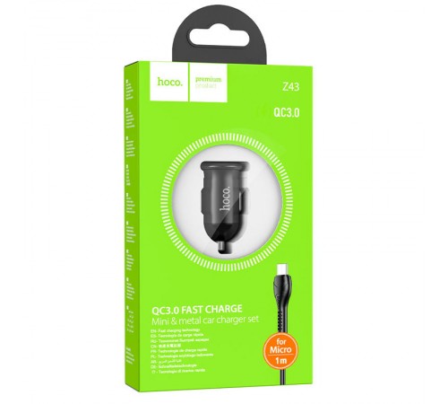 АЗП Hoco Z43 Mighty QC3.0 18W (1USB-A) + кабель USB to MicroUSB Чорний АЗП Hoco Z43 Mighty QC3.0 18W (1USB-A) + кабель USB to MicroUSB Чорний