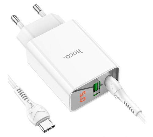 МЗП Hoco C100A with digital display PD20W+QC3.0 (1USB-A/1C) + кабель Type-C to Type-C White МЗП Hoco C100A with digital display PD20W+QC3.0 (1USB-A/1C) + кабель Type-C to Type-C White