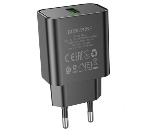 МЗП Borofone BA72A Spring QC3.0 (1USB-A) Black МЗП Borofone BA72A Spring QC3.0 (1USB-A) Black