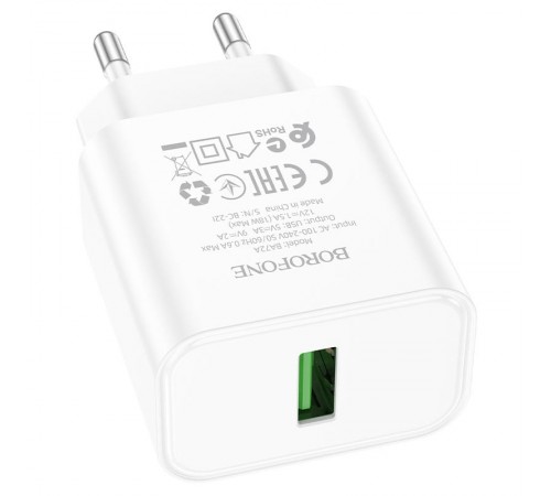 МЗП Borofone BA72A Spring QC3.0 (1USB-A) White МЗП Borofone BA72A Spring QC3.0 (1USB-A) White