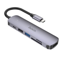 Перехідник Hoco HB28 Multi-function 6in1 (Type-C to HDTV+USB3.0+USB2.0+SD+TF+PD) Metal gray