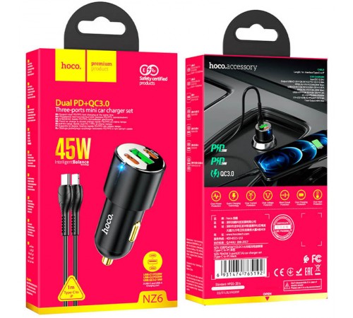 АЗП Hoco NZ6 PD45W (2Type-C/1USB) + Type-C to Lightning Black