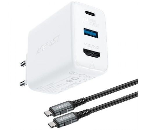 МЗП Acefast A17 PD65W GaN (1USB-A/1C/1HDMI) + кабель Type-C to Type-C White