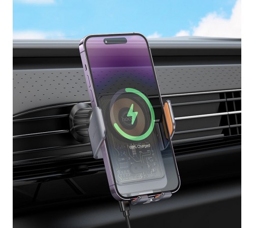 Автотримач з БЗП Hoco HW7 Transparent Discovery Edition (air outlet) Metal gray