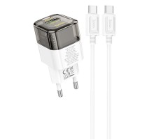МЗП Hoco C131A Platium PD30W+QC3.0 (1USB-C) + кабель Type-C to Type-C Transparent black
