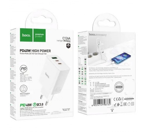 МЗП Hoco C126A PD40W+QC3.0 (1USB/2Type-C) White