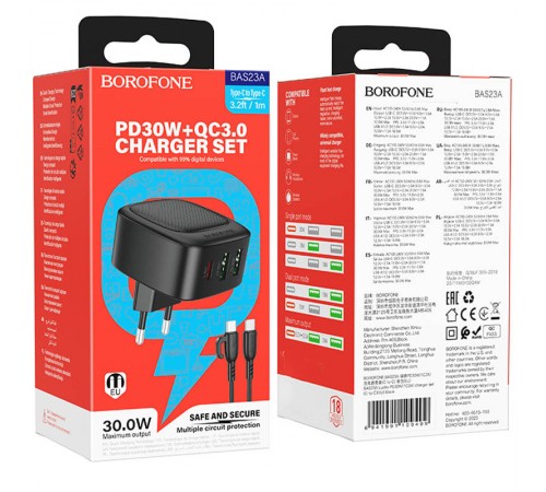 МЗП Borofone BAS23A Lucky PD30W (2USB-A/1C) + кабель Type-C to Type-C Black МЗП Borofone BAS23A Lucky PD30W (2USB-A/1C) + кабель Type-C to Type-C Black