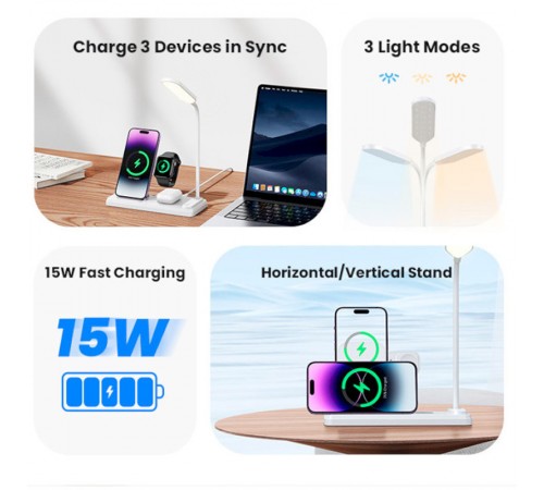 БЗП Usams US-CD195 15W 4in1 Wireless Charging Holder With Table Lamp White БЗП Usams US-CD195 15W 4in1 Wireless Charging Holder With Table Lamp White