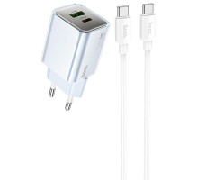МЗП Hoco N46 Glorious PD20W+QC3.0 (1USB-A/1C) + кабель Type-C to Type-C Blue