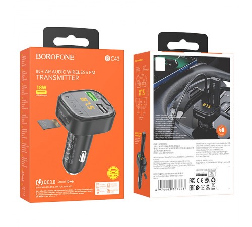 АЗП FM модулятор Borofone BC43 Flash QC3.0 Black