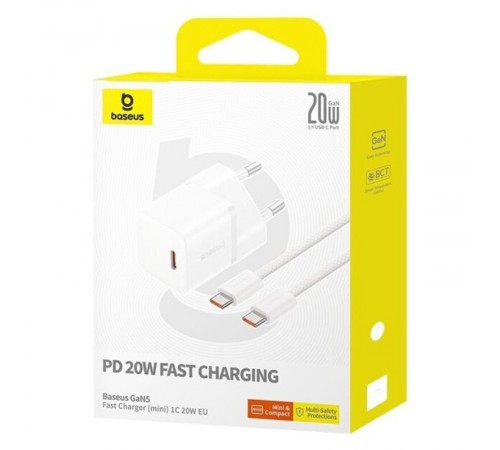 МЗП Baseus GaN5 Fast Charger (mini) PD20W (1USB-C) + кабель Type-C to Type-C (P10110900113) Moon White МЗП Baseus GaN5 Fast Charger (mini) PD20W (1USB-C) + кабель Type-C to Type-C (P10110900113) Moon White