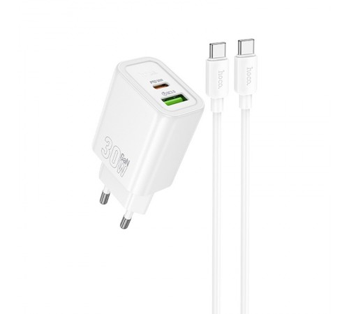 МЗП Hoco N63 Gentle PD30W+QC3.0 (1USB-A/1C) + кабель Type-C to Type-C White МЗП Hoco N63 Gentle PD30W+QC3.0 (1USB-A/1C) + кабель Type-C to Type-C White