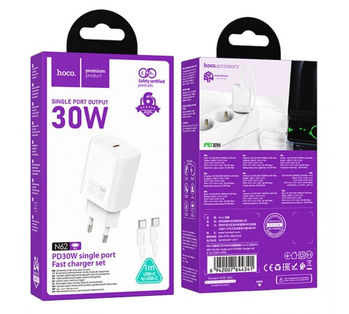 МЗП Hoco N62 Gentle PD30W (1USB-C) + кабель Type-C to Type-C White МЗП Hoco N62 Gentle PD30W (1USB-C) + кабель Type-C to Type-C White