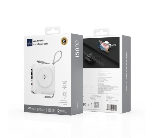 Портативний ЗП Power Bank WIWU Wi-P051 6 in 1 PD45W з БЗП 15000 mAh White Портативний ЗП Power Bank WIWU Wi-P051 6 in 1 PD45W з БЗП 15000 mAh White