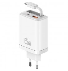 МЗП Usams US-CC299 GaN With Retractable Type-C Cable Xiang Ser. 65W (1USB-A/1C) White