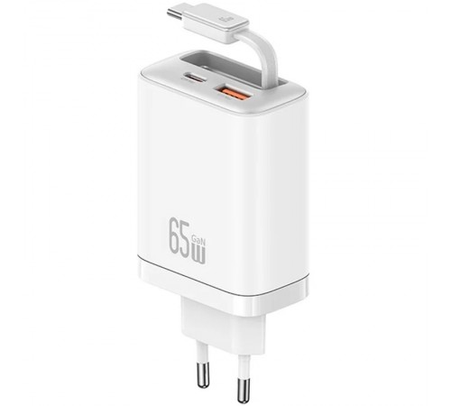 МЗП Usams US-CC299 GaN With Retractable Type-C Cable Xiang Ser. 65W (1USB-A/1C) White