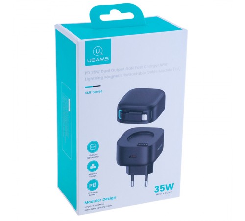 МЗП Usams US-CC209 GaN With Lightning Magnetic Retractable Cable Module XMF Ser. 35W (2USB-C) Black МЗП Usams US-CC209 GaN With Lightning Magnetic Retractable Cable Module XMF Ser. 35W (2USB-C) Black