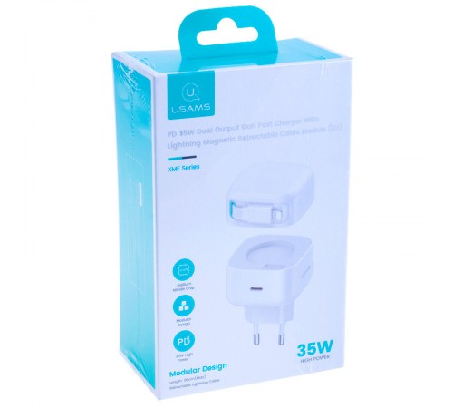 МЗП Usams US-CC209 GaN With Lightning Magnetic Retractable Cable Module XMF Ser. 35W (2USB-C) White МЗП Usams US-CC209 GaN With Lightning Magnetic Retractable Cable Module XMF Ser. 35W (2USB-C) White