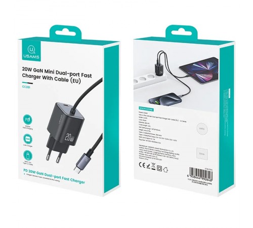 МЗП Usams US-CC261 GaN JC Ser. 20W (2USB-C) + кабель Type-C to Type-C Black МЗП Usams US-CC261 GaN JC Ser. 20W (2USB-C) + кабель Type-C to Type-C Black