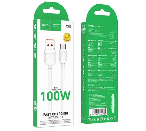 Дата кабель Hoco X115 Surpass USB to Type-C 100W (1m) White Дата кабель Hoco X115 Surpass USB to Type-C 100W (1m) White