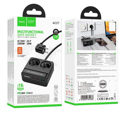 Подовжувач Hoco AC27 Descanso (PD30W/2C/1A/2xSocket) (2m) Black Подовжувач Hoco AC27 Descanso (PD30W/2C/1A/2xSocket) (2m) Black