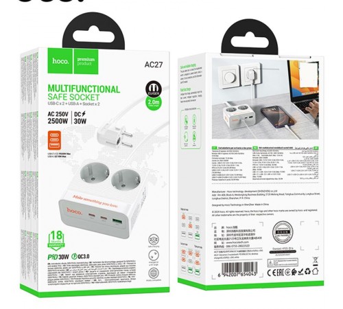 Подовжувач Hoco AC27 Descanso (PD30W/2C/1A/2xSocket) (2m) White Подовжувач Hoco AC27 Descanso (PD30W/2C/1A/2xSocket) (2m) White