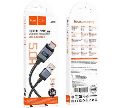 Дата кабель Hoco X118 Generous with display USB to Type-C 5A (1m) Black Дата кабель Hoco X118 Generous with display USB to Type-C 5A (1m) Black