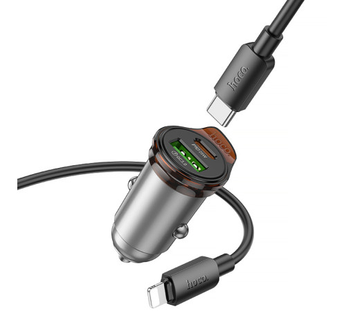 АЗП Hoco NZ16A Rigorous 43W (1USB-A/1C) + кабель Type-C to Lightning Metal grey