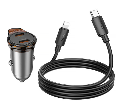 АЗП Hoco NZ16B Rigorous PD45W (2USB-C) + кабель Type-C to Lightning Metal grey
