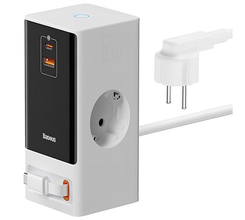 МЗП Baseus OS PowerCombo Digital PowerStrip+Retractable-C 65W (1USB-A/1C/2Socket) (1.5m) (PSLR000) Glacier White