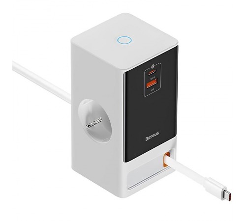 МЗП Baseus OS PowerCombo Digital PowerStrip+Retractable-C 65W (1USB-A/1C/2Socket) (1.5m) (PSLR000) Glacier White