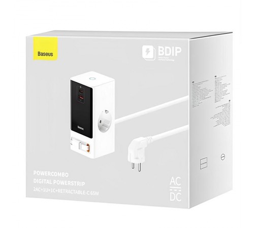 МЗП Baseus OS PowerCombo Digital PowerStrip+Retractable-C 65W (1USB-A/1C/2Socket) (1.5m) (PSLR000) Glacier White