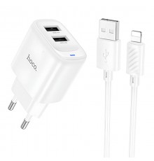 МЗП Hoco C141A Smart 2.1A (2USB-A) + кабель USB to Lightning White