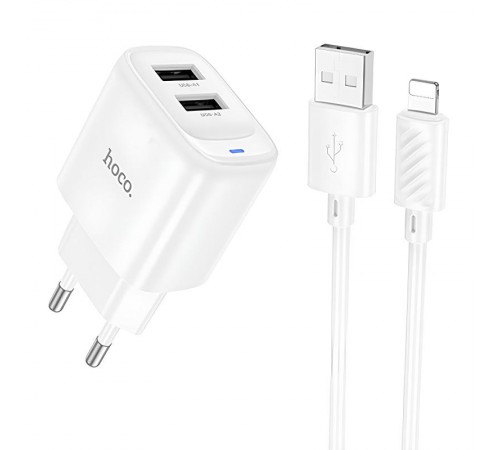 МЗП Hoco C141A Smart 2.1A (2USB-A) + кабель USB to Lightning White
