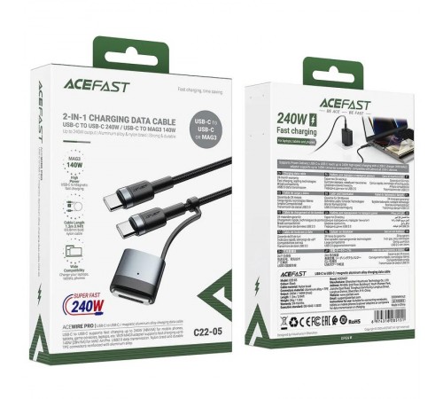Дата кабель Acefast C22-05 2in1 Type-C to Type-C 240W/MAG3 140W (1.2m) Black