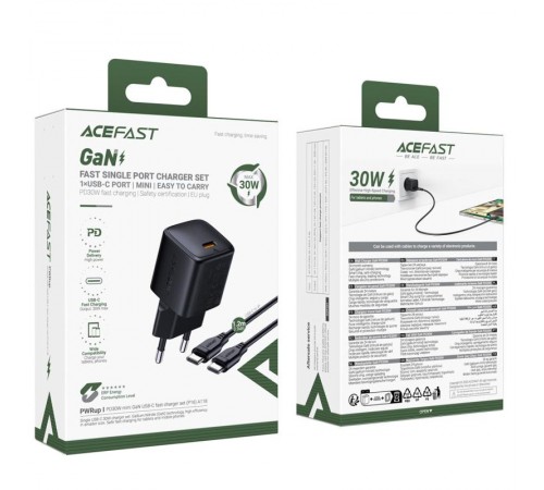 МЗП Acefast A118 PD30W GaN (1USB-C) + кабель Type-C to Type-C Black