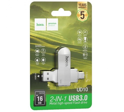 Флеш-накопичувач Hoco UD10 Metal Flash 2in1 USB 3.0/Type-C - 16GB Gray Флеш-накопичувач Hoco UD10 Metal Flash 2in1 USB 3.0/Type-C - 16GB Gray