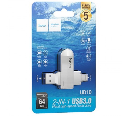 Флеш-накопичувач Hoco UD10 Metal Flash 2in1 USB 3.0/Type-C - 64GB Gray Флеш-накопичувач Hoco UD10 Metal Flash 2in1 USB 3.0/Type-C - 64GB Gray