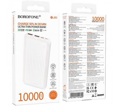 Портативний ЗП Power Bank Borofone BJ80 Clever 22.5W+PD20W 10000 mAh White