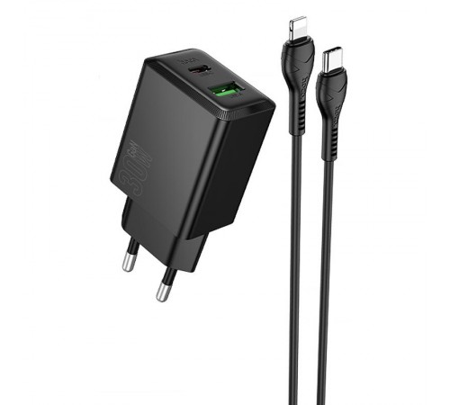МЗП Hoco N71 Nuevo PD30W+QC3.0 (1USB-A/1C) + кабель Type-C to Lightning Black