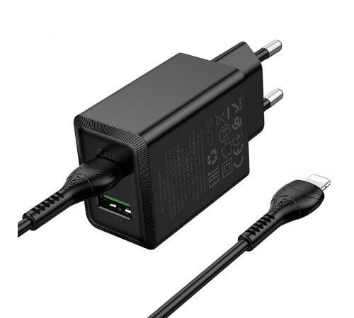 МЗП Hoco N71 Nuevo PD30W+QC3.0 (1USB-A/1C) + кабель Type-C to Lightning Black